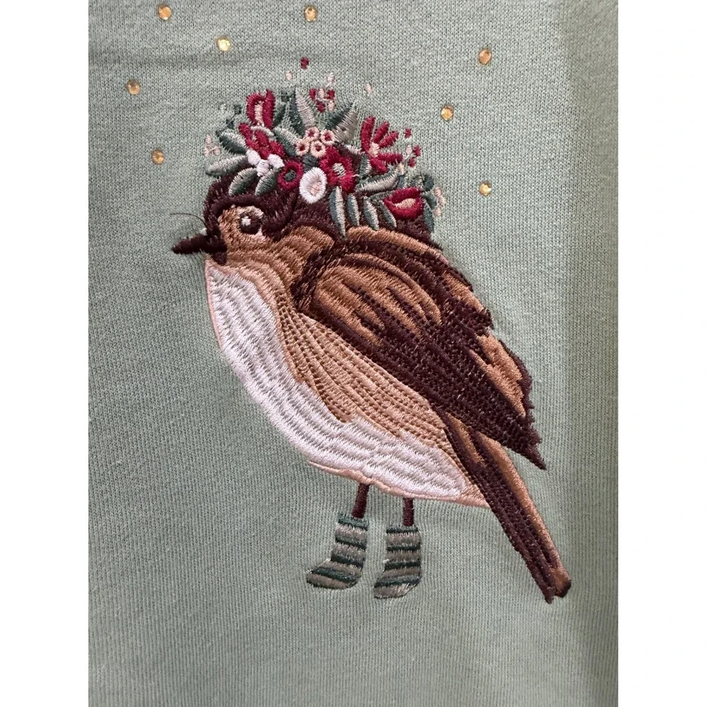 Bua Bua Women Sage Green Embroidered Bird Floral‎ Crown Sweatshirt Size Large